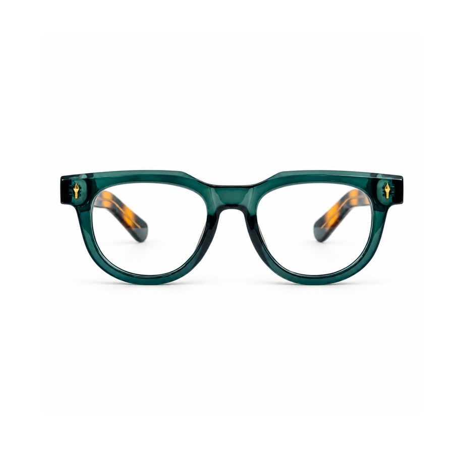 V004 VERLIN Round Optical Frame in Green Tortoise — front view