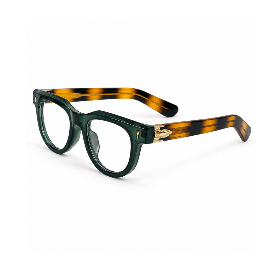 V004 VERLIN Round Optical Frame in Green Tortoise — three-quarter view