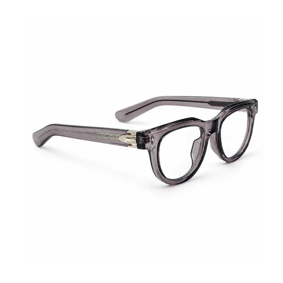 V004 VERLIN Round Optical Frame in Grey Crystal — three-quarter view (opposite side)