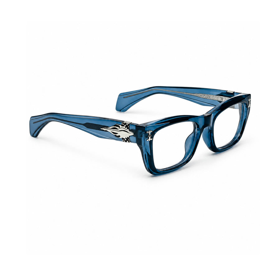 V005 VERLIN Rectangle Optical Frame in Blue — three-quarter view (opposite side)