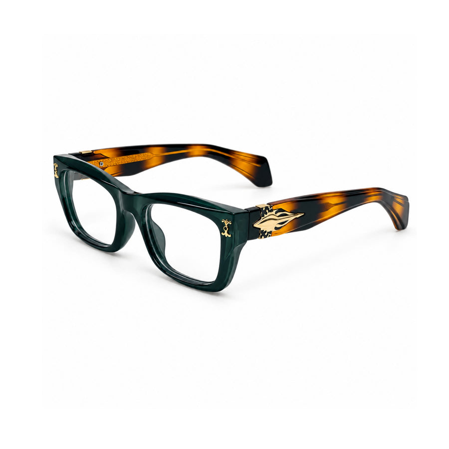 V005 VERLIN Rectangle Optical Frame in Green Tortoise — three-quarter view