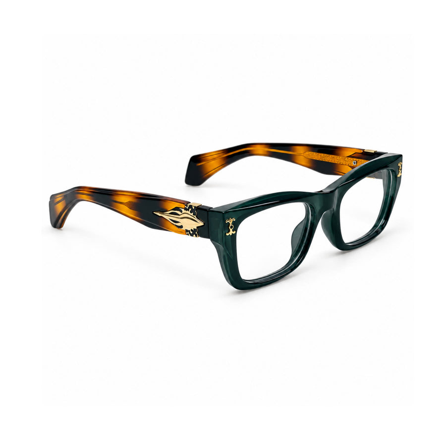 V005 VERLIN Rectangle Optical Frame in Green Tortoise — three-quarter view (opposite side)