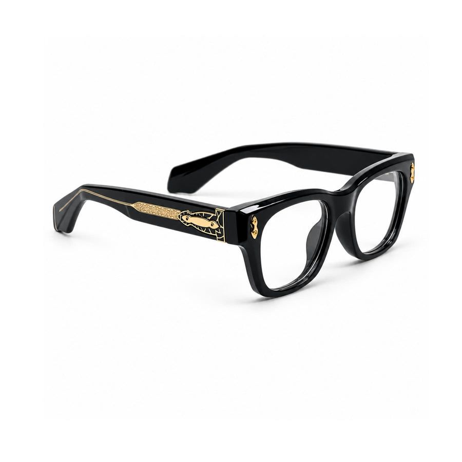 V006 VERLIN Square Optical Frame in Black Gold — three-quarter view (opposite side)