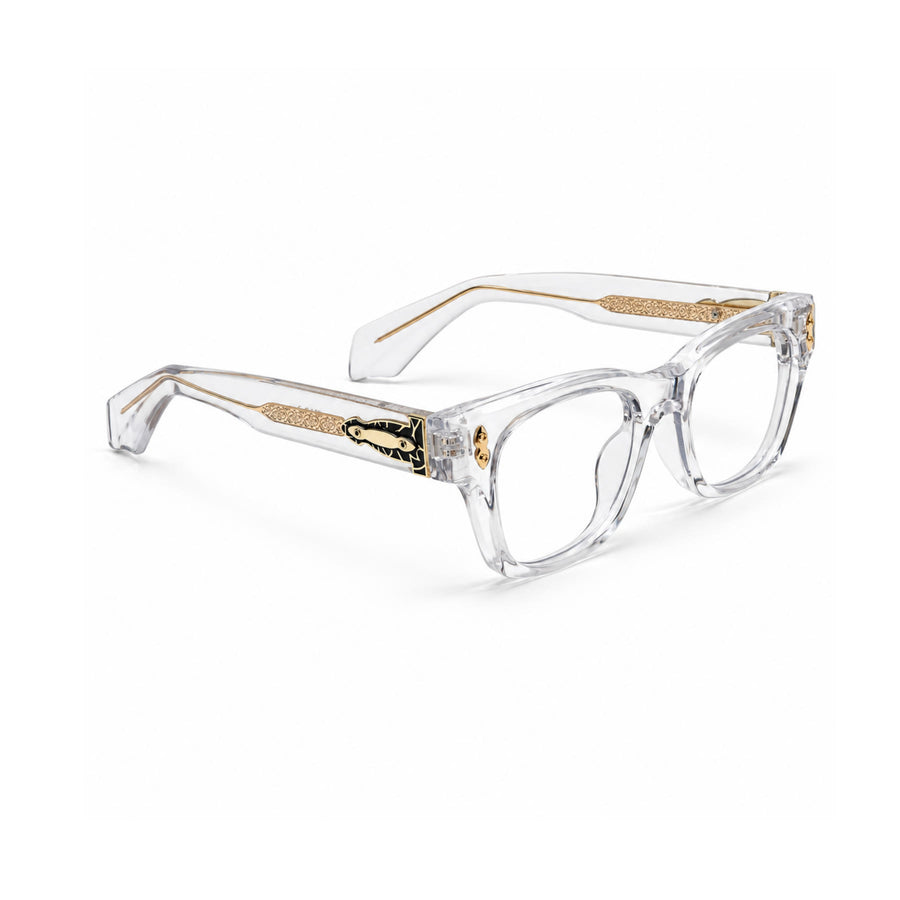 V006 VERLIN Square Optical Frame in Crystal Clear — three-quarter view (opposite side)