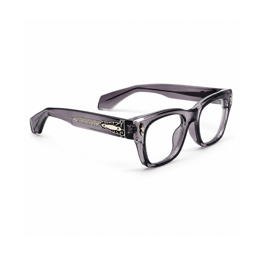 V006 VERLIN Square Optical Frame in Grey Crystal — three-quarter view (opposite side)