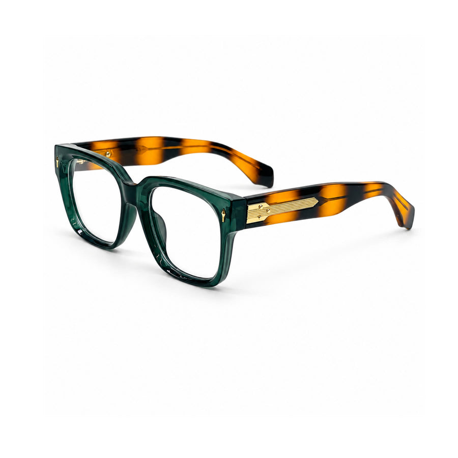 V007 VERLIN Square Optical Frame in Green Tortoise — three-quarter view