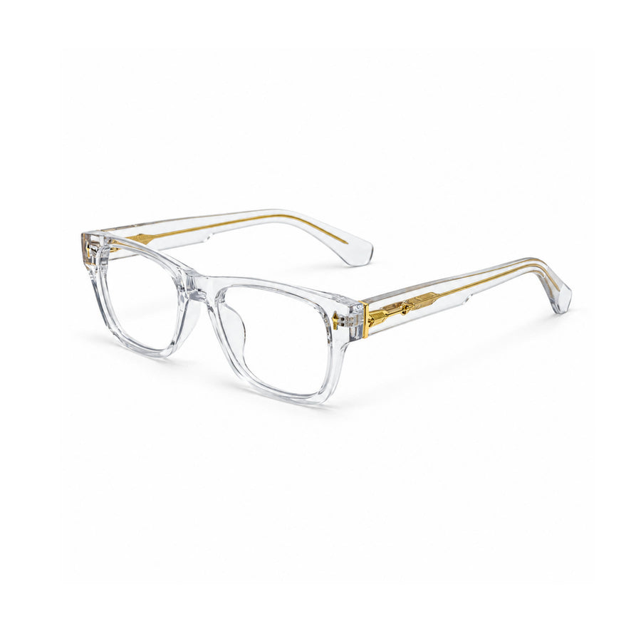 VM001 VERLIN Rectangle Optical Frame in Crystal Clear — three-quarter view