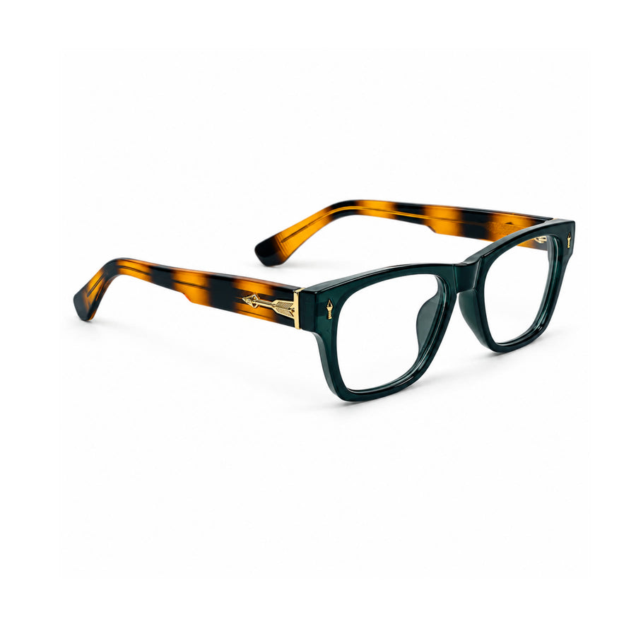 VM001 VERLIN Rectangle Optical Frame in Green Tortoise — three-quarter view (opposite side)