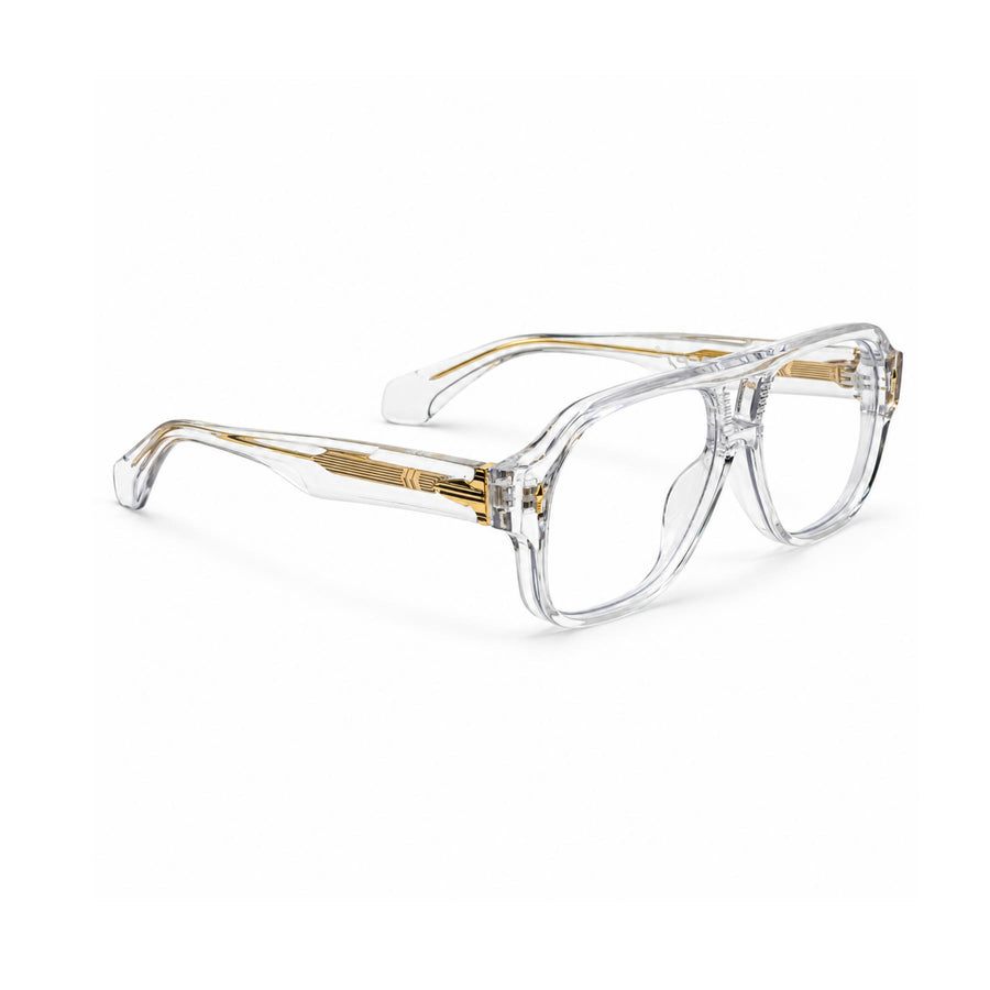 VM008 VERLIN Navigator Optical Frame in Crystal Clear — three-quarter view (opposite side)