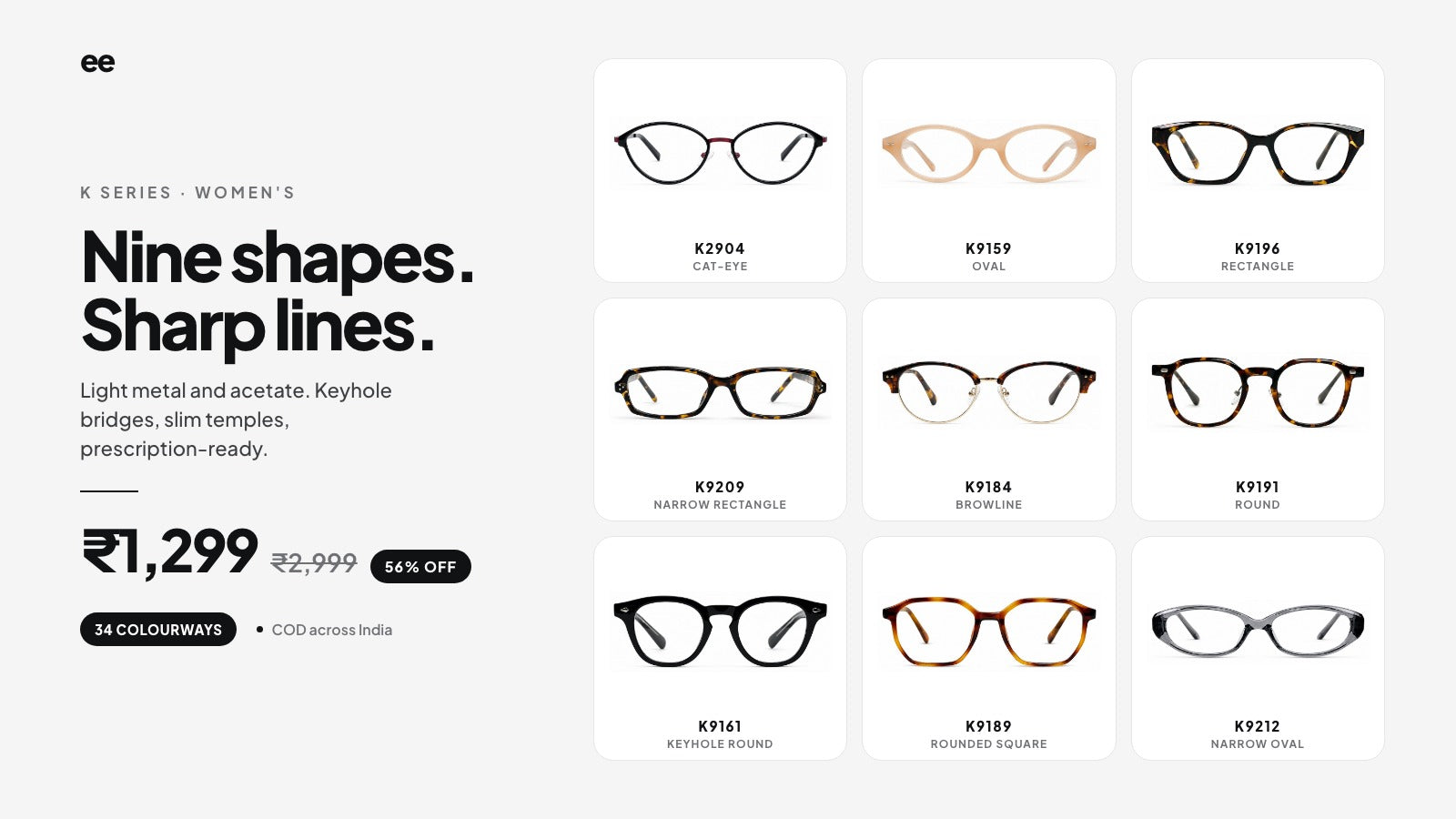 K series — nine women's shapes in light metal and acetate, ₹1,299